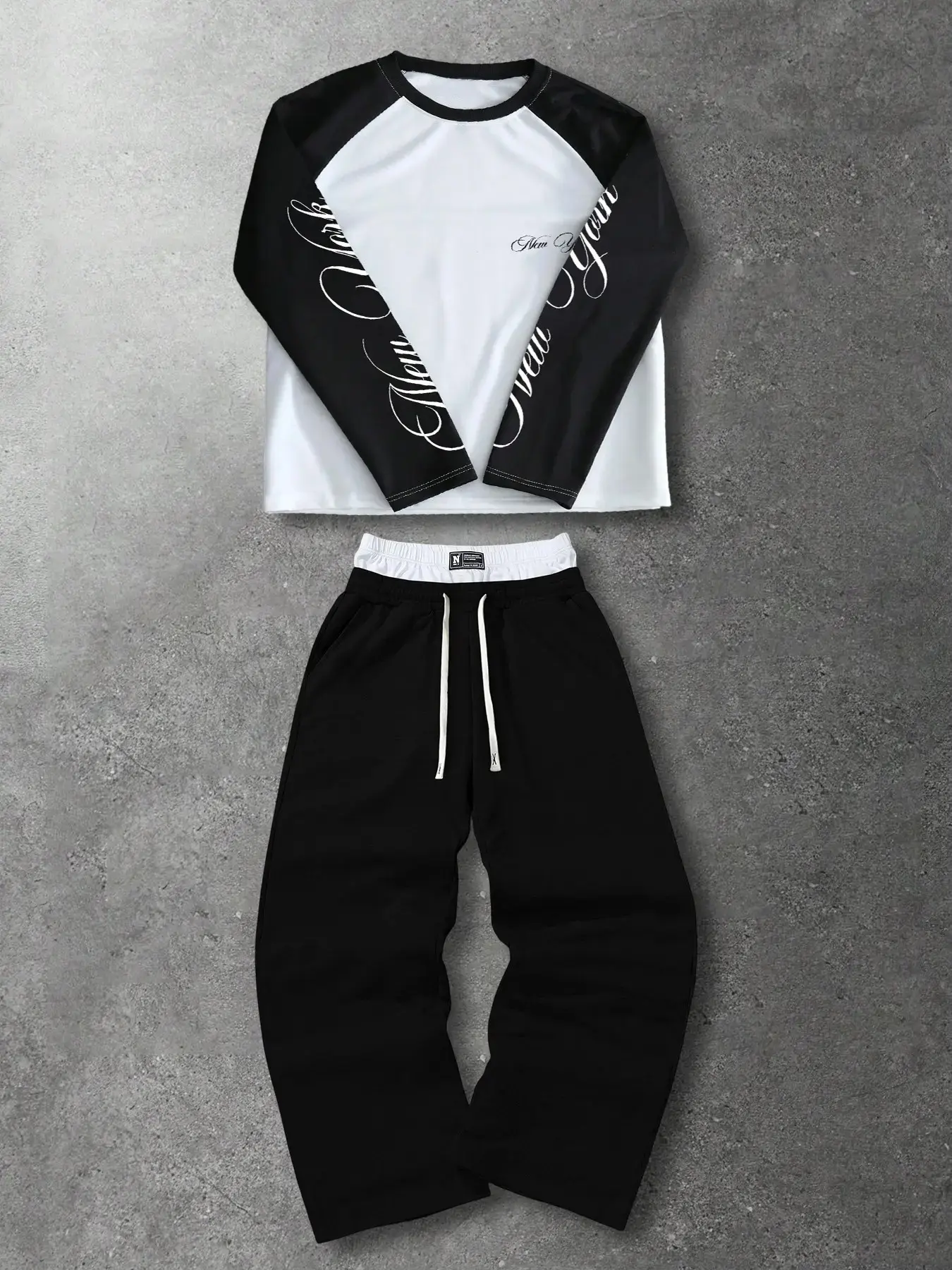 Men's & Colorblock Long Sleeve Sweatshirt Set, Casual Slim-Fit Graphic Tee & Wide Leg Pants, Trendy Fall Streetwear Co-Ord Clothes