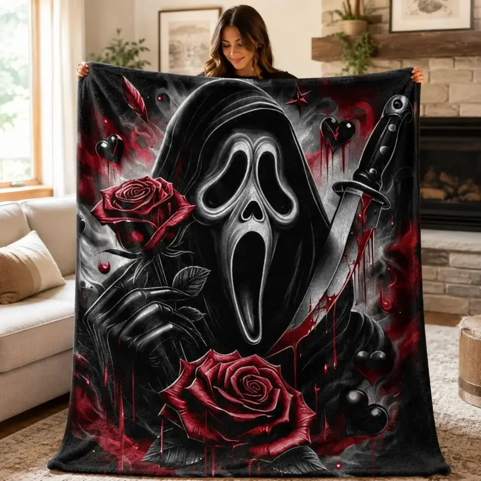 1pc Scream Ghost Face Themed Fleece Blanket, Dark Rose & Bloody Knife Print, Gothic Horror Style, Soft Multi‑use Graphic Adult & Baby Throw Blanket for Sofa, Bed, Office, Camping, Perfect Halloween & Christmas Holiday Gift birthday gift Comfort Blanket