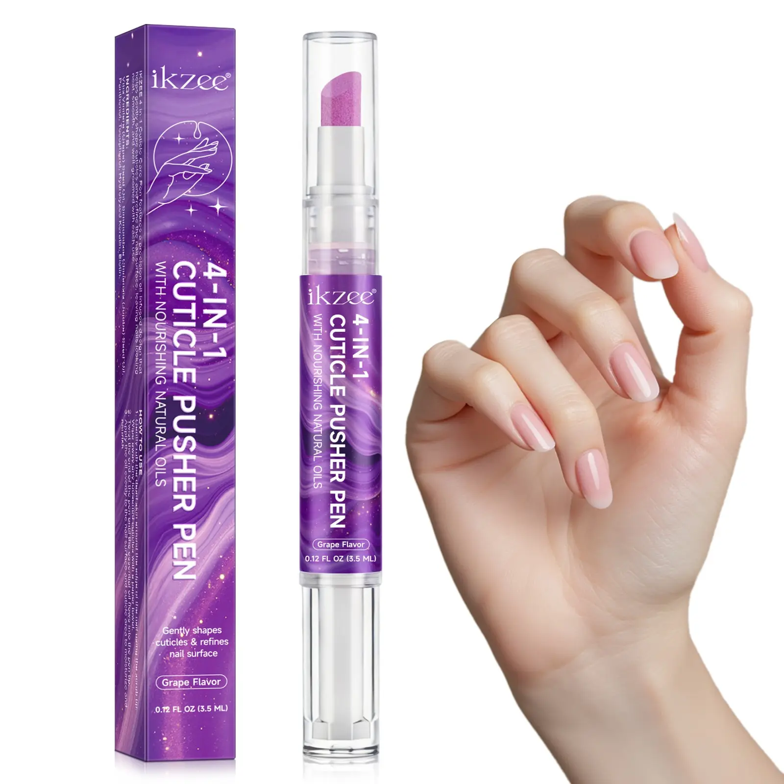 4-In-1 Dead Skin Pusher, Cuticle Pusher Pen, Quartz Head Gentle Exfoliation, No Nail Damage, Contains Grape Seed Oil, Hempseed Oil, Panthenol, 3.5ML, Home Manicure Essential, Nail Care