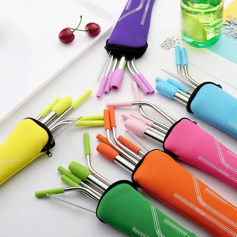 5pcs Set Stainless Steel Straws, Reusable Metal Straws With Silicone Tips, Sturdy Bent Straight Drinks Straw, Food Grade Straw, With 3pcs Straws, 1pc Cleaning Brush And 1pc Bag, 8inch