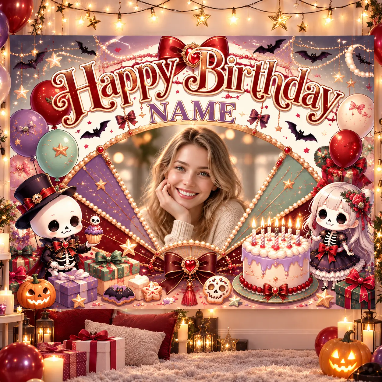 Personalized Vintage Gothic Birthday Backdrop with Custom Photo and Name, Cute Spooky Characters, Bats, Balloons, Cake and Gifts