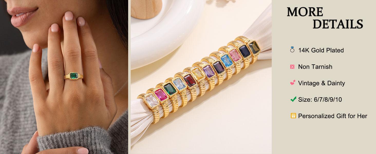 Birthstone Gold Rings for Women Non Tarnish Vintage Chunky Gemstone Emerald Rings 14K Gold Plated CZ Signet Thumb Rings Band Jewelry Gift for Birthday Size 6-11