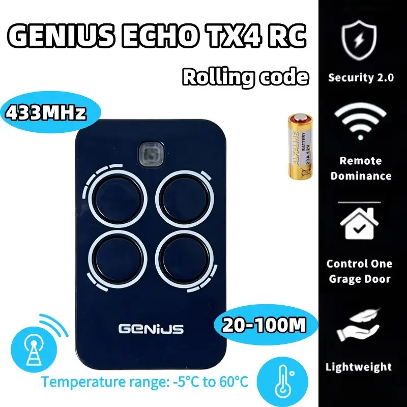 Genius Echo Tx4 RC 433mhz Remote Control, Four-Button Universal Garage Door Opener Transmitter, Wireless RF Remote for Automatic Doors