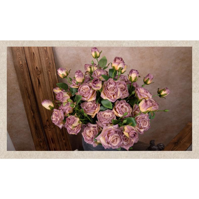 French Style Artificial Single Branch 3-Head Burnt Edge Rose Vintage Home Living Room Decoration Fake Dried Flower Bouquet High-End Feel