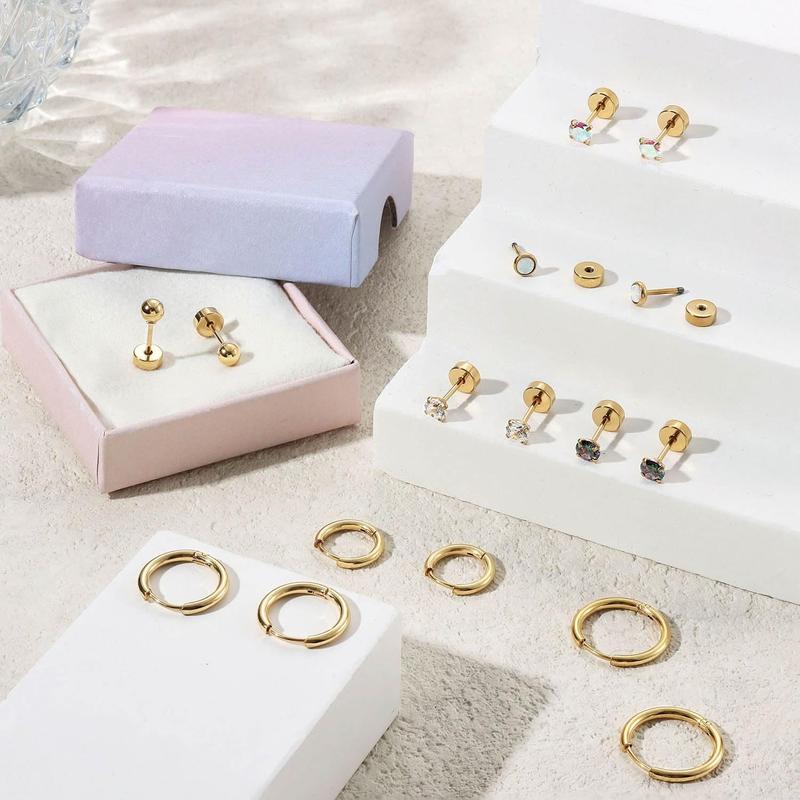 Trendy 8 Pairs Simple Classic Stud Hoop Earrings Mysterious Surgical Steel Earrings for Sensitive Ears Hypoallergenic for Women Men Charming Small CZ Flat Back Cartilage Earrings Set Unique Design Show An Unrestrained Attitude Simple Smooth Surface