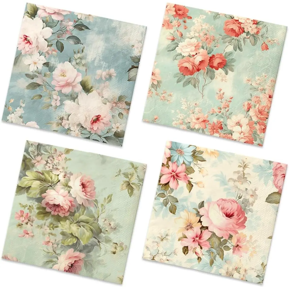 Vintage Floral Paper Napkins - 40 Pcs Flower Napkins for Tea Party, Birthday, Baby Shower, Wedding, Retro Spring Decorations, 4 PatternsGift