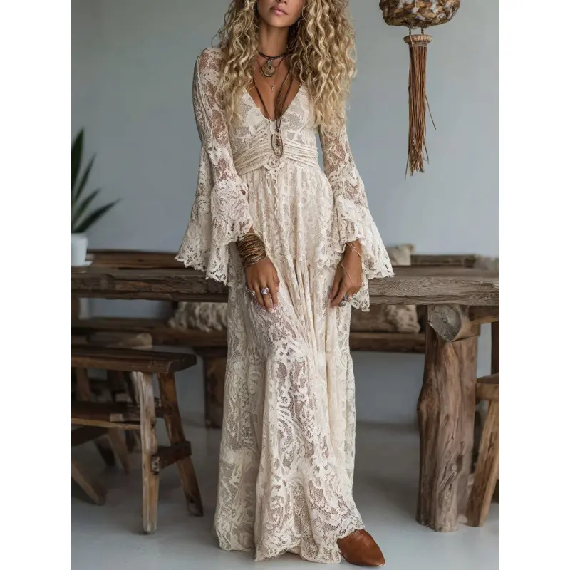 Women's Fashionable V-Neck Lace Long Sleeve Dress Vacation Beach Sun Protection Long Dress