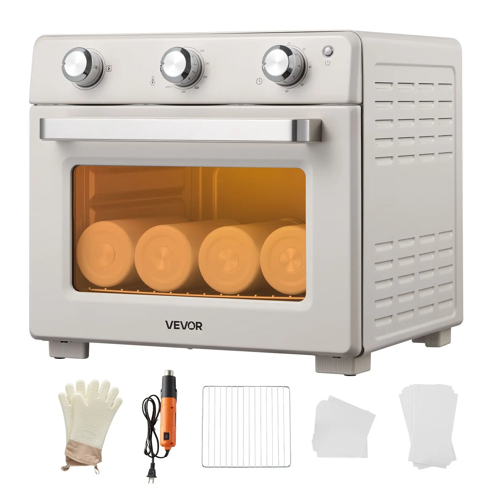 Sublimation Oven Machine, 26 Qt, Fits 40oz Tumblers, with 1 Heat Air Gun, 50 Shrink Films, 1 Tape and 2 Heat Gloves, 360 Turbo Convection for Sublimation Blank Tumblers, Mugs, Bowls, Off-White