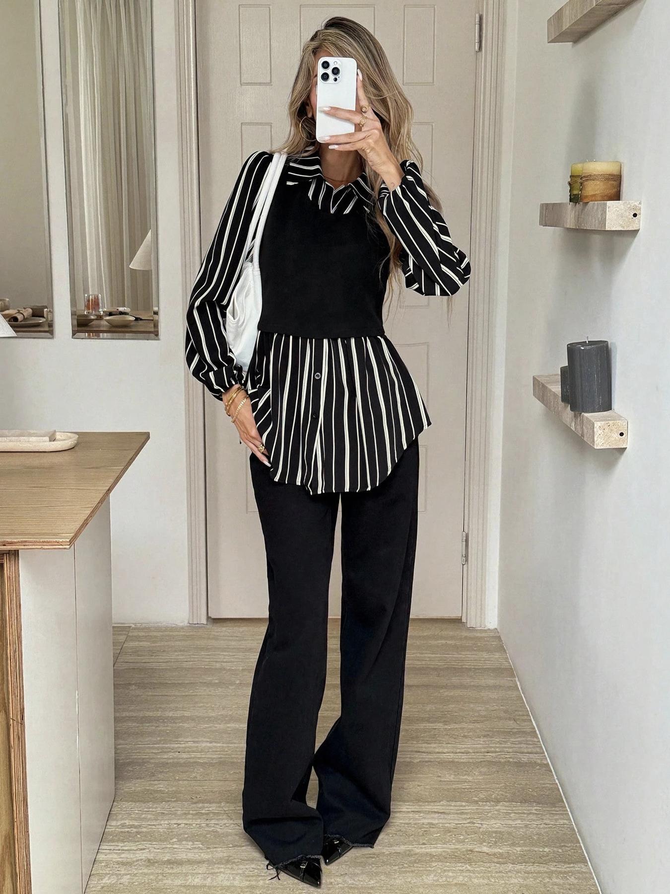 Women's Casual Slim Fit Woven Striped Patchwork Long Sleeve Shirt Blouse, Cute Fall Winter Outwear, Ladies Fashion Top for Daily Wear