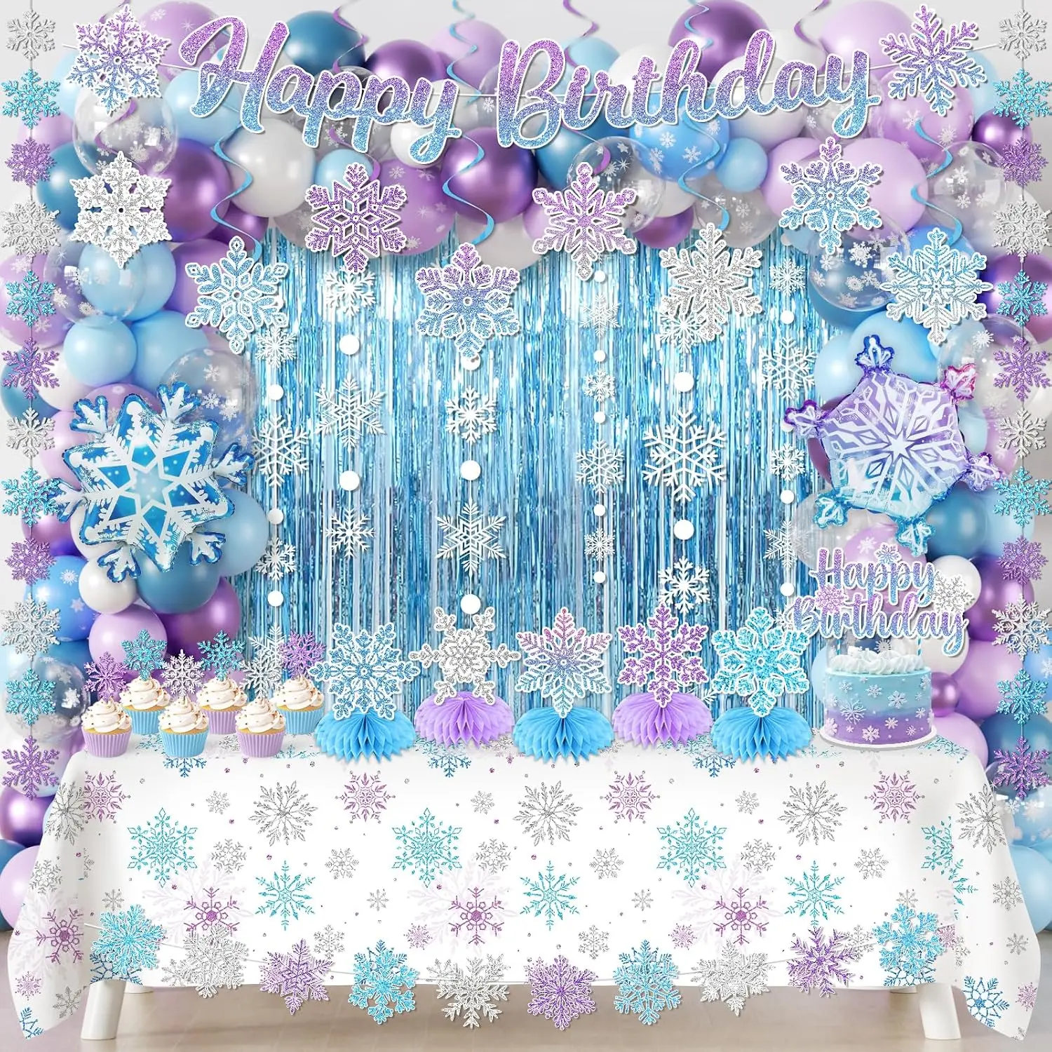 Snowflake Birthday Party Decorations, Blue  Winter Wonderland Decorations Kit include Fringe Curtain,Snowflake Garland,Balloon,Banner,Cake Topper,Tablecloth for Winter Snowflake Party Decor