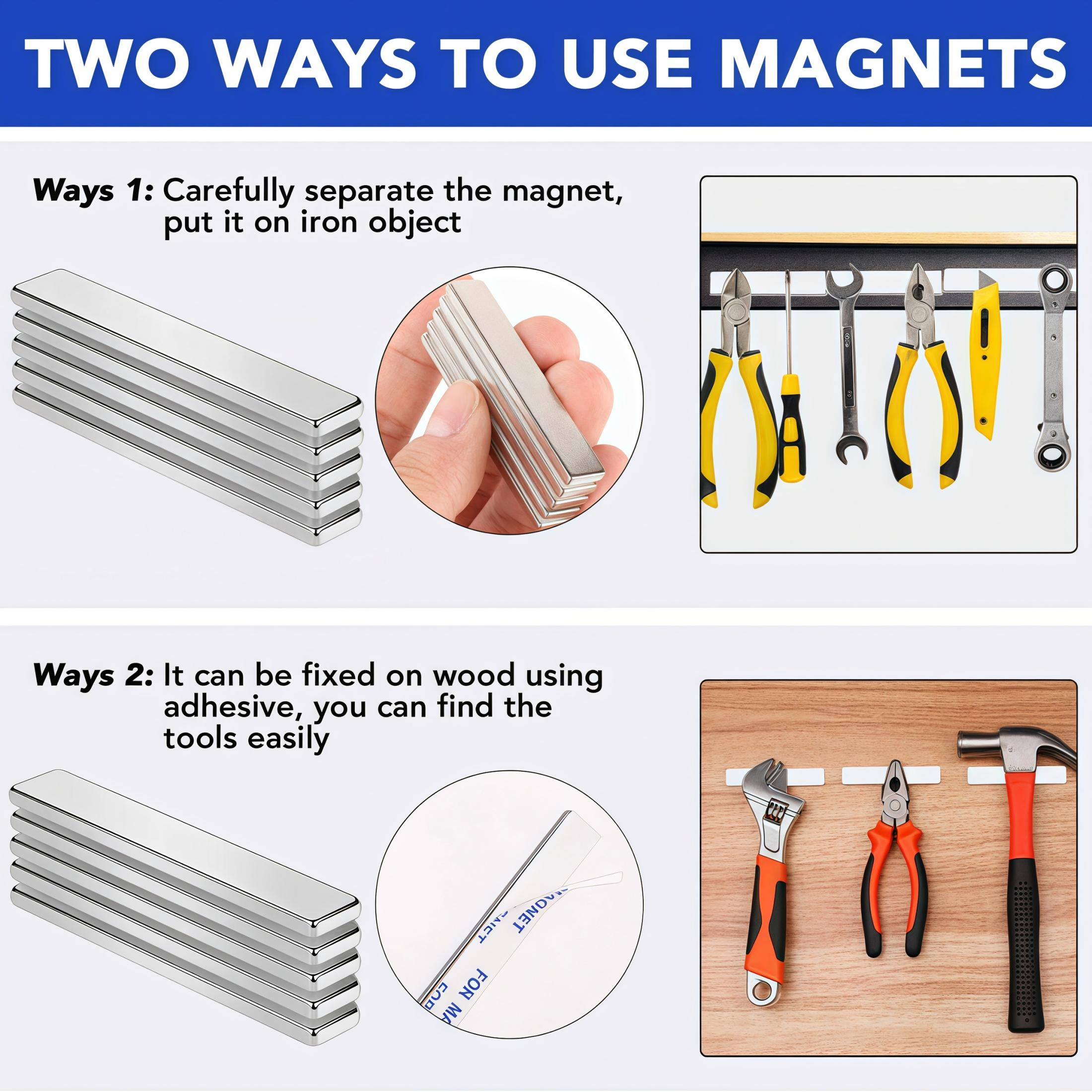 Neodymium Magnet, 6 Counts Waterproof Strong Magnet Strip with Sticky Backing, Rare Earth Small Magnet Strip for Fridge, DIY, Craft, Science