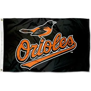 Baltimore Orioles Baseball Flag with Bold Orange Oriole Bird Graphic and Orioles Script Logo on Black Background