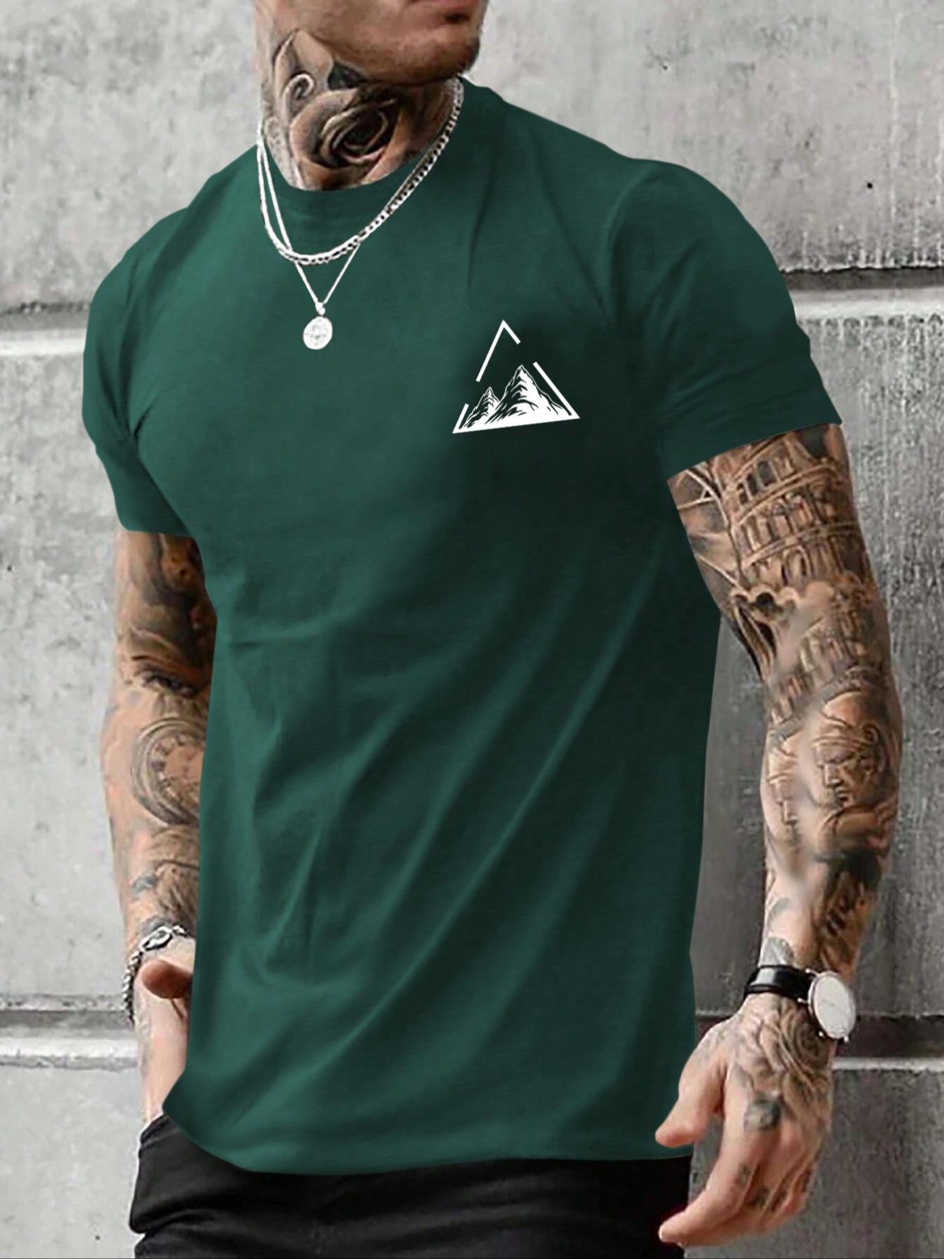 Men's Mountain Print Round Neck Tee, Casual Short Sleeve Crew Neck T-shirt for Summer, Men's Top for Daily Wear, Athletic Shirt, Athletic Sports Clothing, Athletic Apparel, Sporty T Shirt, Athletic Fashion Activewear, Athletic T Shirts