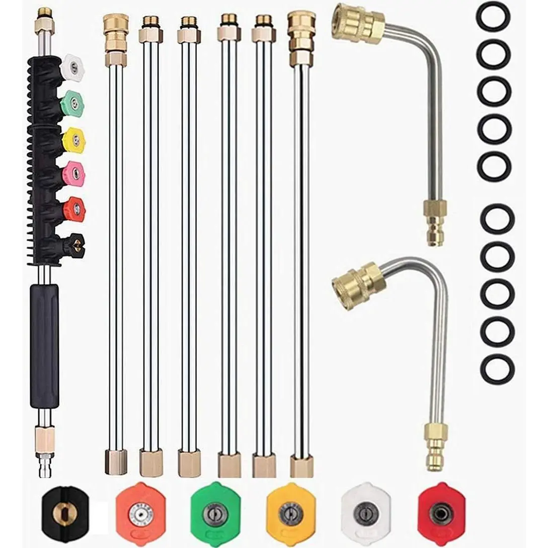120inch Stainless Pressure Washer Extension Wand Washer Lance with Spray Nozzle Tips,30°,90°Curved Rod, 1/4’’Quick Connect, for Anti-Leaked Ring 4000 PSI-
