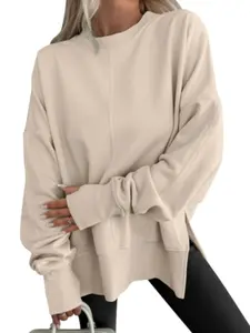 Women's Casual Round Neck Sweatshirt, Loose Split Shoulder Sleeve Top, Perfect for Daily Outing, Lazy Style, Comfortable and Stylish