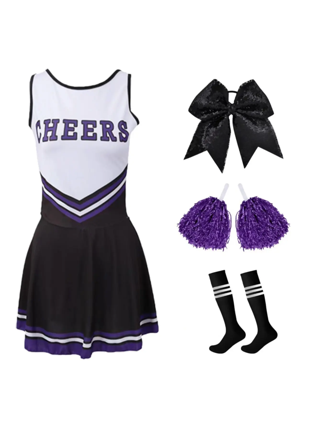 Stage Performance Cheerleading Apparel Costumes Dress Bow Headband Ribbon Knee High Socks Full Set Accessories