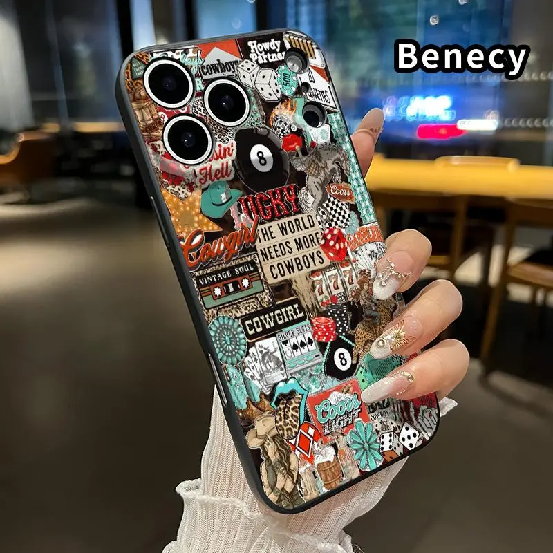 Straight Edge Durable Smartphone Casing for iPhone 11-18,16 Plus,17,Pro Max,XR,XS,Air,E - Wild West Collage Pattern, Anti-Scratch, Anti-Drop, Shockproof Flexible TPU, Skin-Friendly Matte, Full Coverage Phone Accessory, Easy Grip