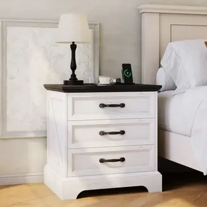 Modern Farmhouse Nightstand with Charging Station & 3 Large Drawers, Rustic 23.6 Inch Wide End Side Table Retro Wood Big Nightstand Beside Table for Living Room Bedroom