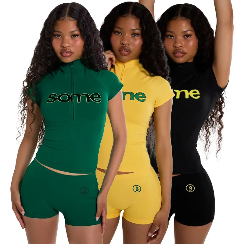 Fashionable women's letter-printed half-zip short-sleeve top and tight shorts two-piece set for women