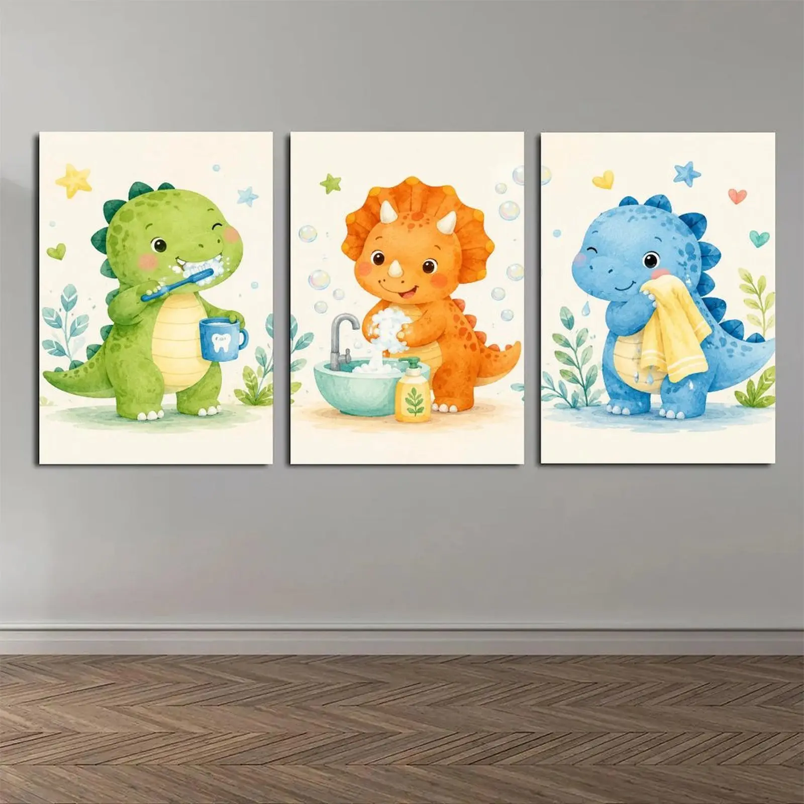 3Pcs Watercolor Cute Bathing Dinosaur Canvas Decor Poster Prints, Toddler Wash Routine Cartoon Wall Art, Neutral Kids Bathroom Nursery Bedroom Playroom Decor, Available as Unframed Canvas Poster or Framed Canvas Wrap
