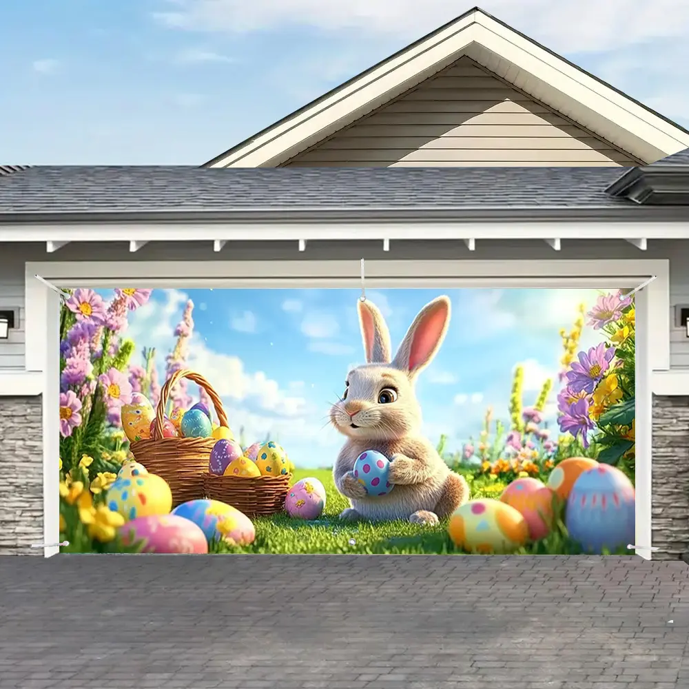 Easter Bunny Photo Backdrop Banner - Lightweight Synthetic Polyester Home Decor Tapestry with Colorful Eggs, Spring Print for Room, Garden Party Celebrations