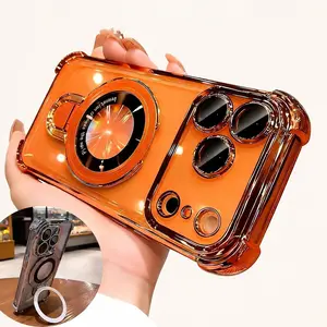 DIY Magnetic Magsafe Phone Case with 4 Airbag Corners, Shockproof Electroplated Clear Hard Acrylic, Camera Lens Protector & Kickstand Holder for iPhone 17 Pro Max Plus Air/16/15/14/13/12/11, Samsung Galaxy