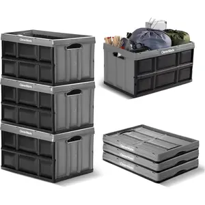 Collapsible Storage Bins 62L (3-Pack) – Heavy Duty Collapsible Plastic Storage Bins, Large Stackable Folding Storage Bins for Garage, Car, Grocery & Home Organization - Stone