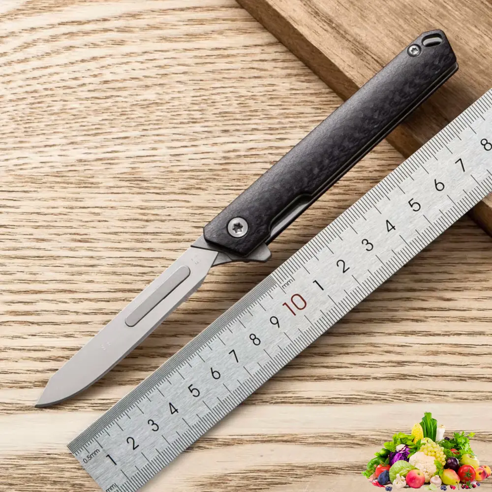 Small Folding Scalpel Knife Carbon Fibre Handle Utility Knives With Clip Compact Keychain Boxcutter Replaceable Blades