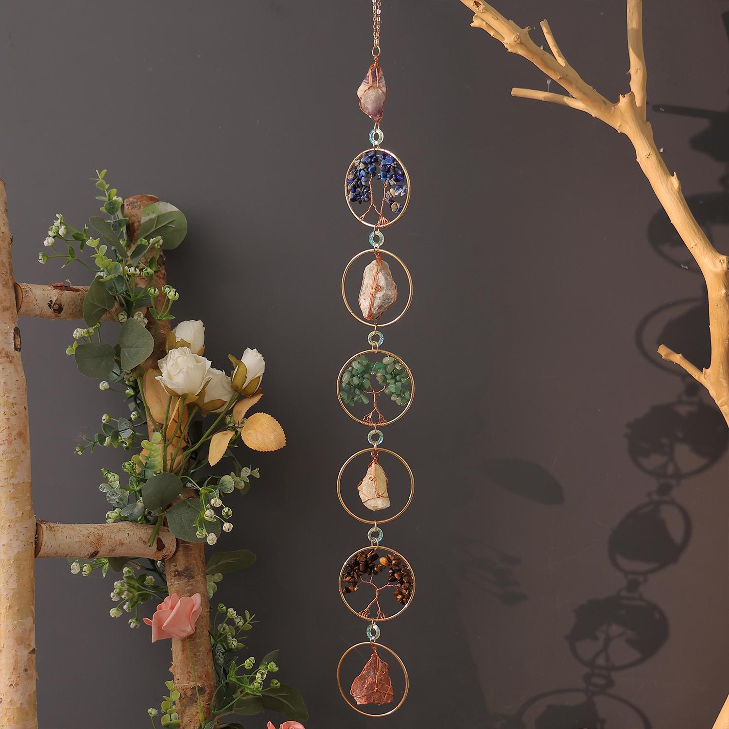 Seven Chakra Dream Catcher, Handmade Tree of Life Design Boho Interior Indoor Outdoor Hanging Decoration, Decorative Wall Art, Unique Artwork, Festive Ornament, Holiday Decor, Tree of Life Motif, Birthday Gift for Boys Girls