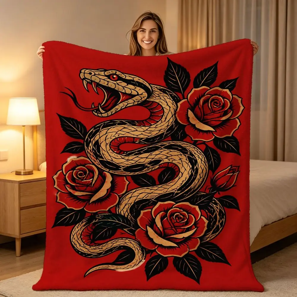American Traditional Tattoo Snake & Rose Throw Blanket - Soft Fleece Bedspread Suitable for Bedroom, Sofa Bed, Living Room - with Snake & Rose Tattoo, Cozy Gift for Adults, Contemporary Home Decor for - Use