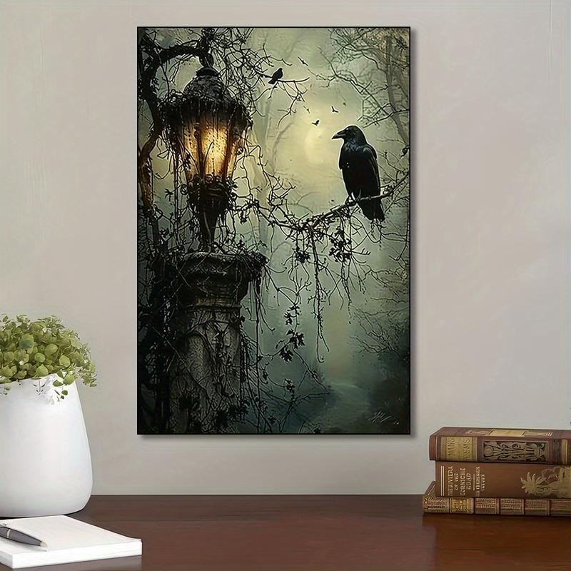 Gothic Raven and Lantern Wall Art Canvas Print - Frameless Oil Painting Style Poster for Home, Office, Living Room, Bedroom Decor Artistic - For Art Lovers & Gothic Decor Enthusiasts - Perfect Gift for Halloween & Home Decor Decoration Ornaments Photo