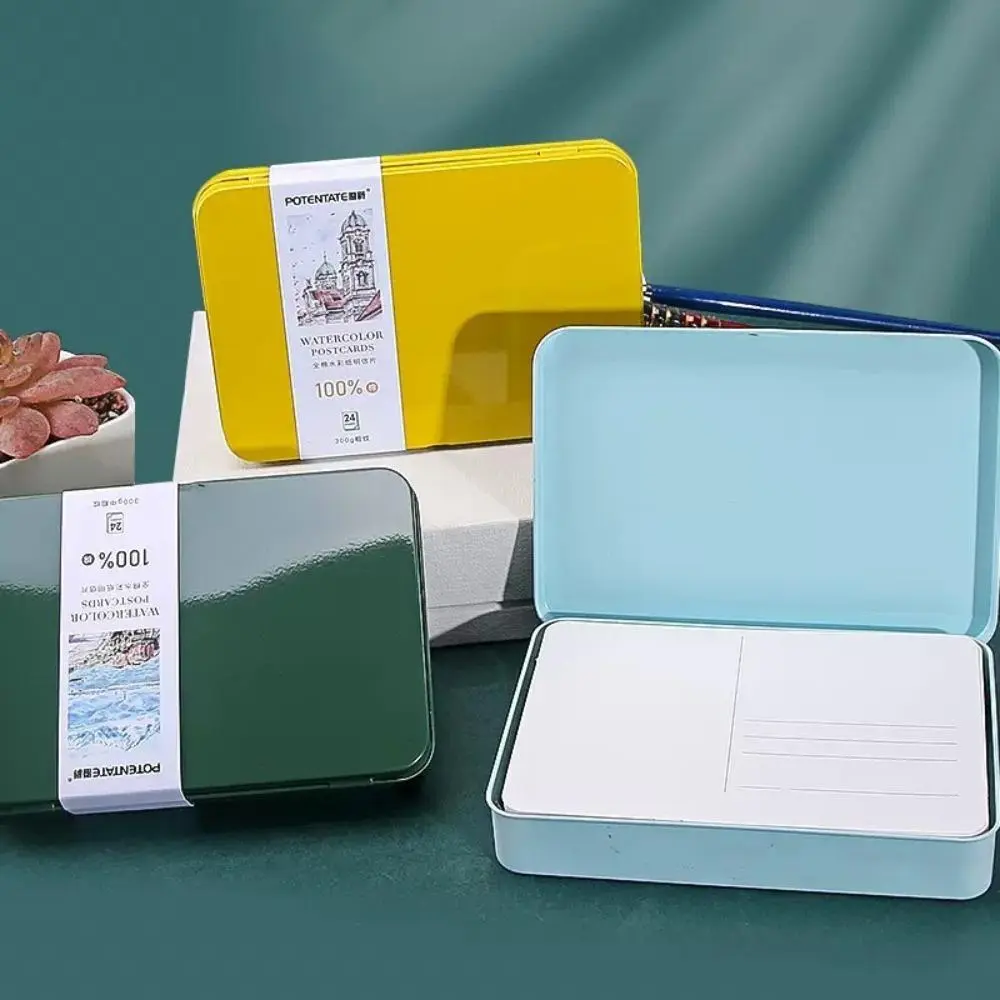 6.1*4.13inch Watercolor Postcards, 300gsm Watercolor Paper, 24 Sheets Fine/Medium/Coarse Texture, Portable Iron Storage Tin Box, Artist Painting Art Postcard Supplies