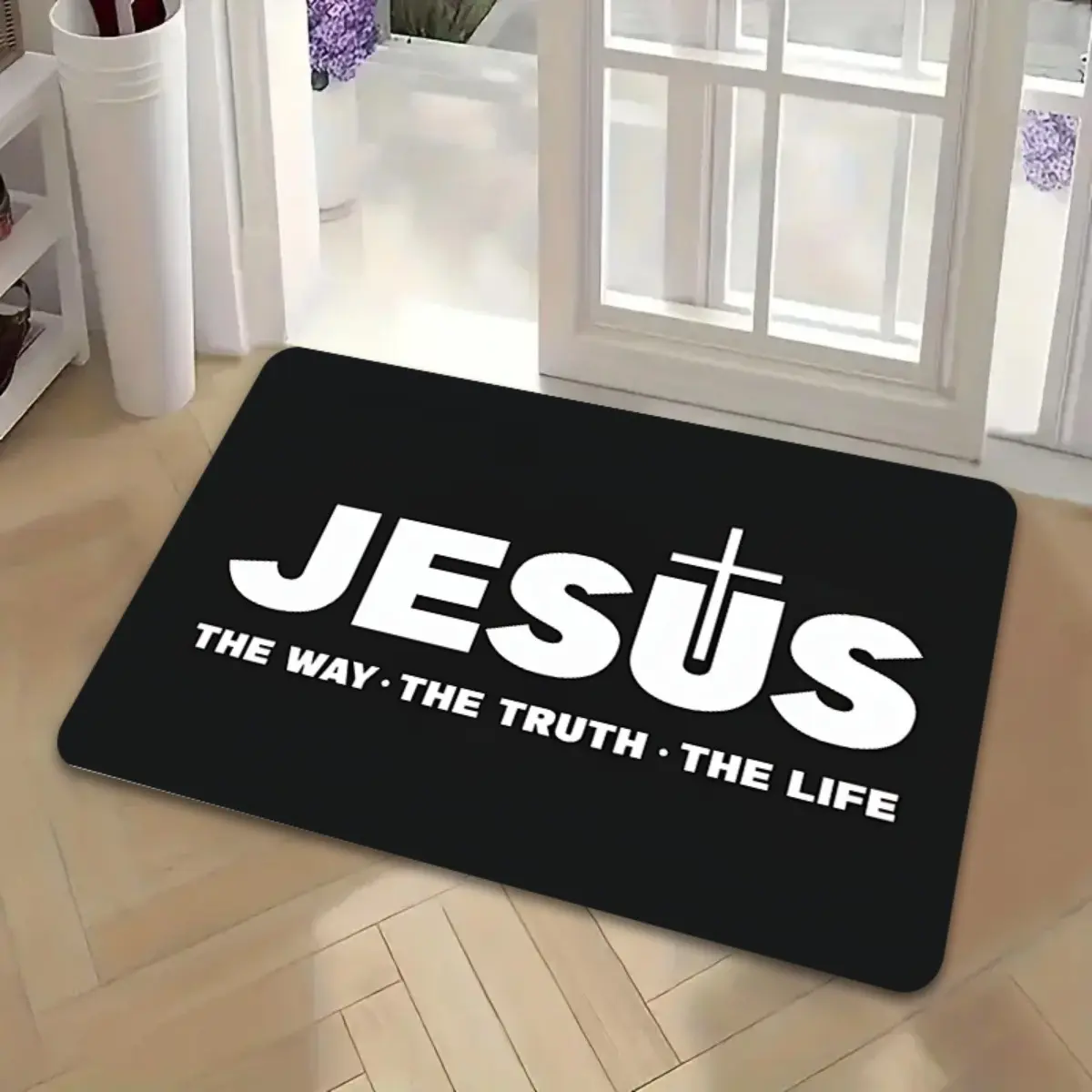 1-Piece Polyester Cross Print Outdoor-Indoor Home Mat with Faith Message Religious Motif, Durable, Thick, Non-Slip, Machine Washable for Hallways, Living Rooms, One-Piece