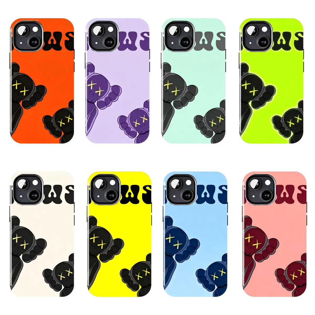 KAWS Phone Case Color Block Bear Design, Black Character Doll Graphic Cover, Minimalist Pop Art Style Trendy Phone Protection Case for iPhone 11–17 Pro Max/Plus Series and Samsung Galaxy S23–S25 Series