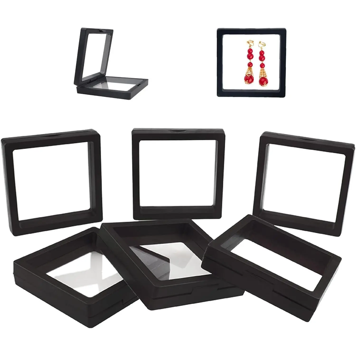 6 Pack  Floating Display Case, Transparent Floating  Box for  Medals Rings, Clear Display Frame for Collectibles,  Storage Box (Black 3.5x3.5 in)