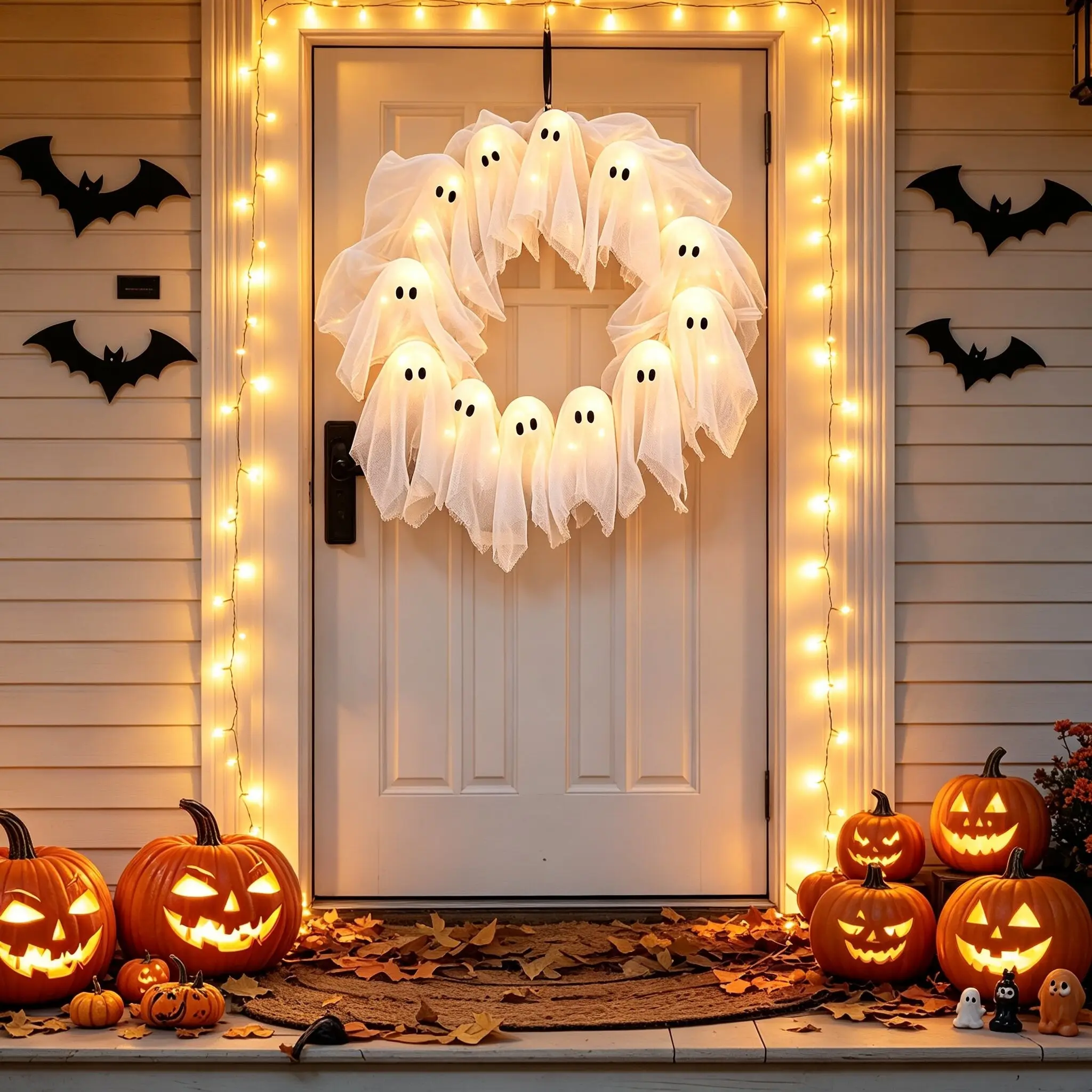 Halloween Ghost Wreath Set, Glowing Ghost Wreath for Front Door, Wall, Party Decor, Indoor Outdoor Hanging, Festival Decoration