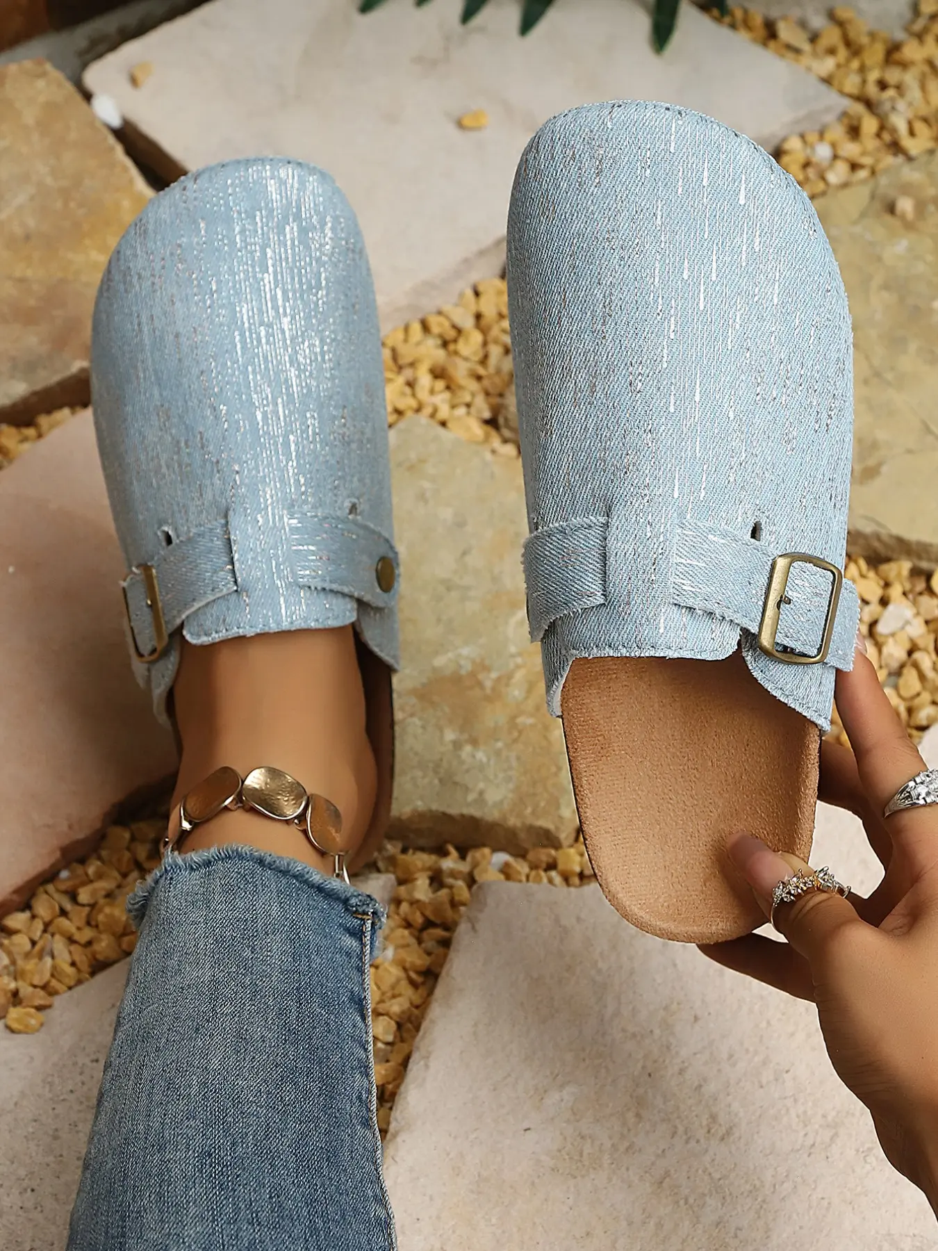 Women's Denim Sequin Slip-On Mules, Soft Cork Sole, Spring Summer Outdoor Lazy Flat Sandals, Textile Upper, Rubber Sole