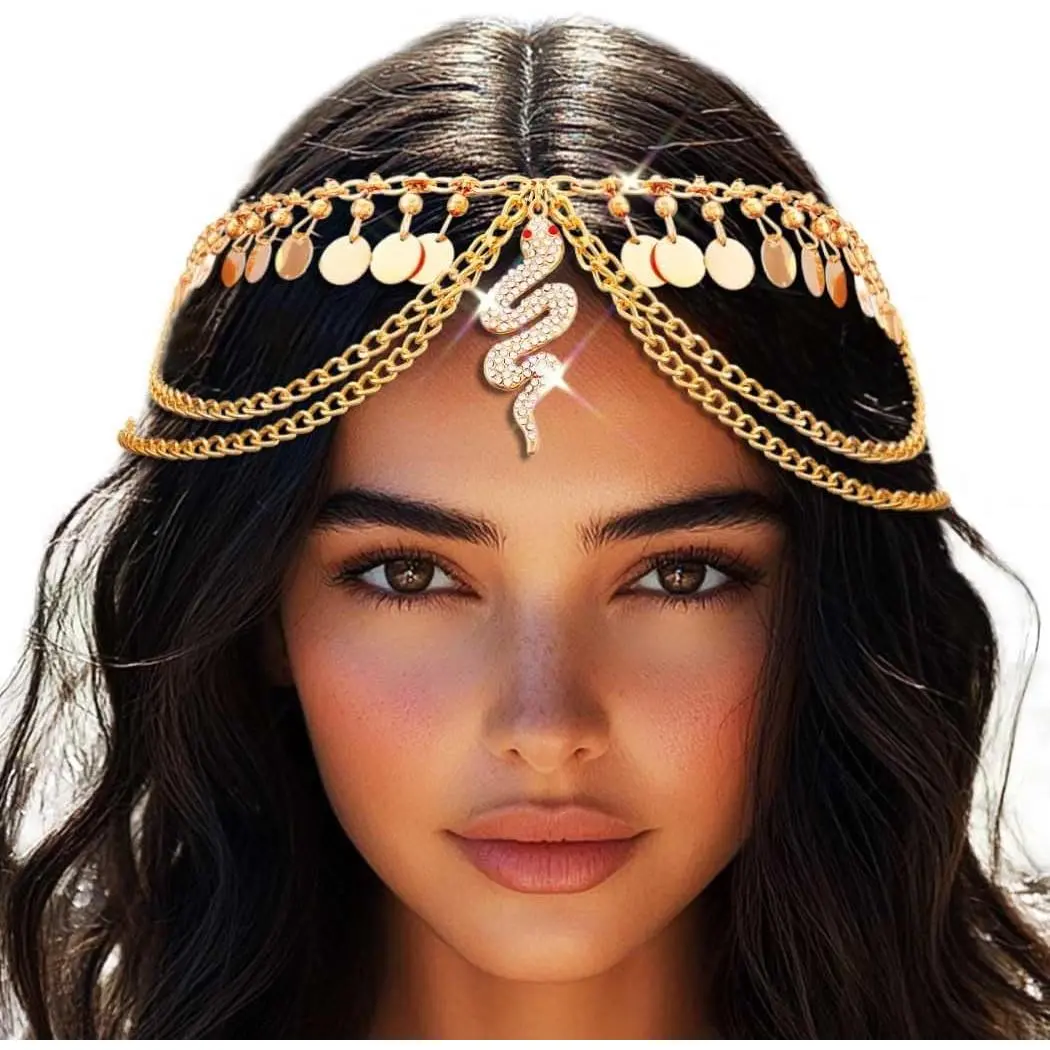 Women's Egyptian Snake Pendant Headpiece, Adjustable Synthetic Sequin Hair Chain for Halloween Costume or Festival Wear