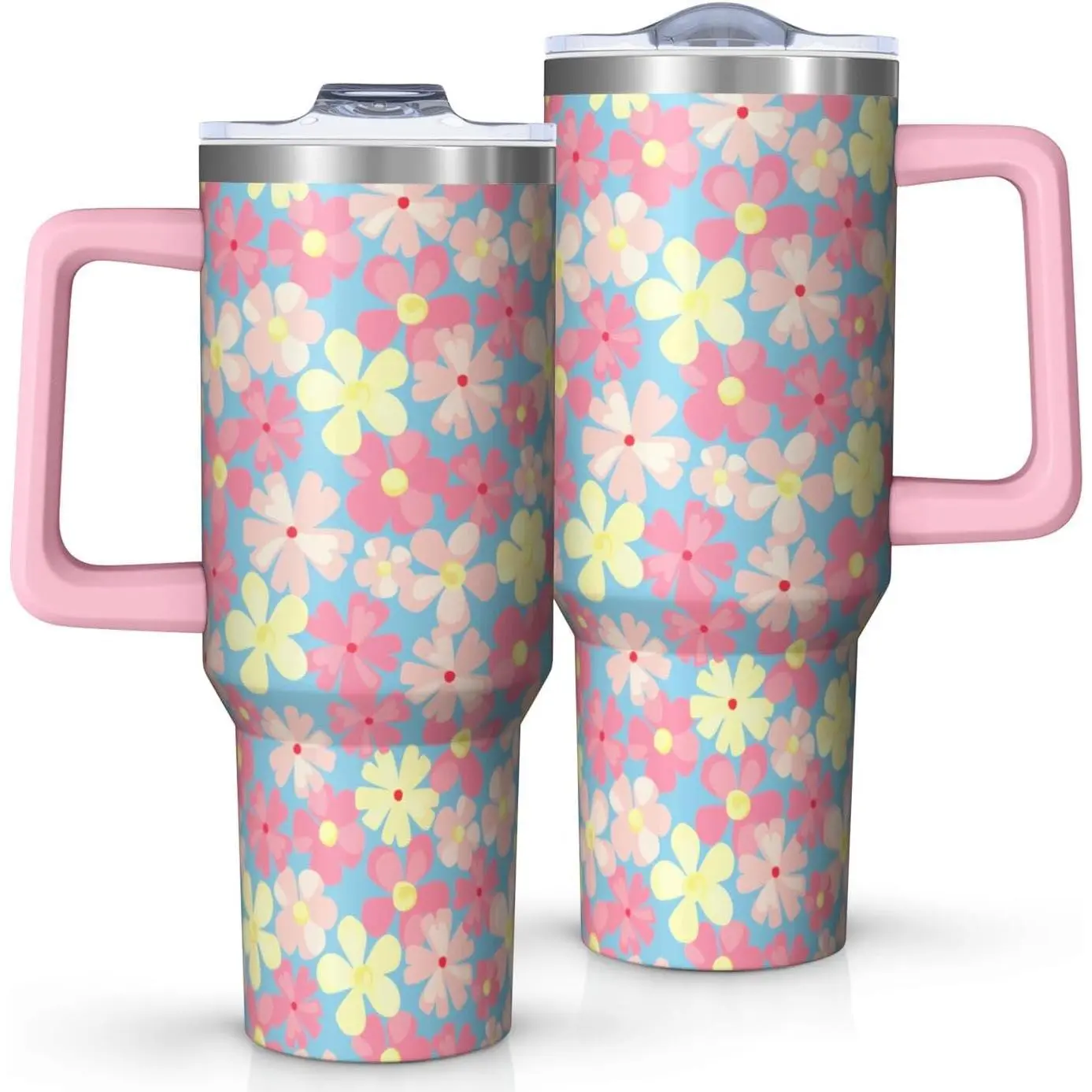 Women's 40oz Pastel Floral Insulated Stainless Steel Travel Tumbler with Handle, Cute Daisy Insulated Water Bottle, 24H Cold-12H Hot Spring Gift for Women, Gifts For Women