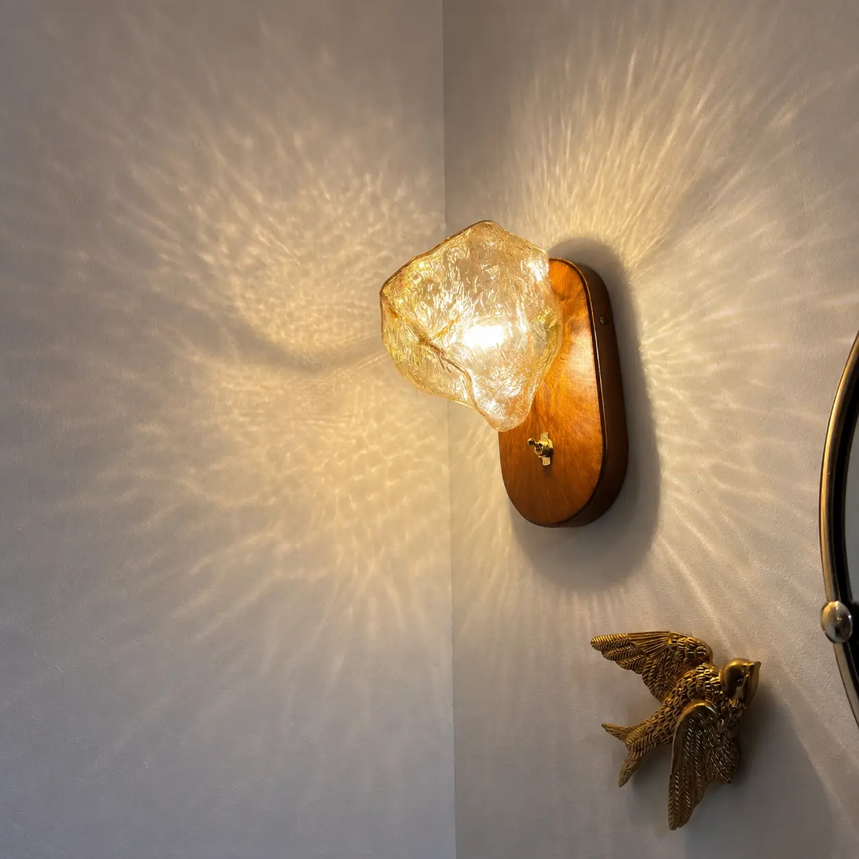 Walnut Wood Glass Wall Sconce, Hardwired 3000K Warm Wall Light, for bedrooms, living rooms, hallways