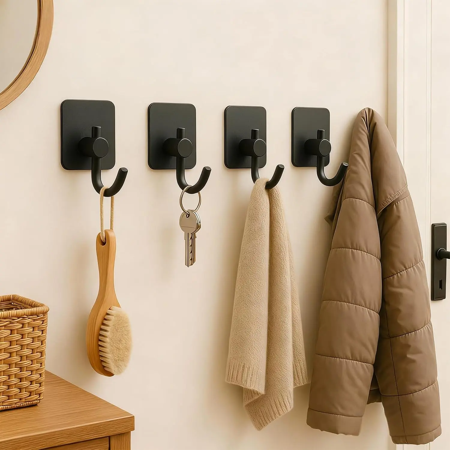 2-Pack Heavy Duty Adhesive Hooks, Self Adhesive Wall Hooks for Bathroom & Kitchen, Strong Command Hooks Style Hold 5lbs, No Drill Damage Free Hanging for Towels, Coats, Hats (Black)