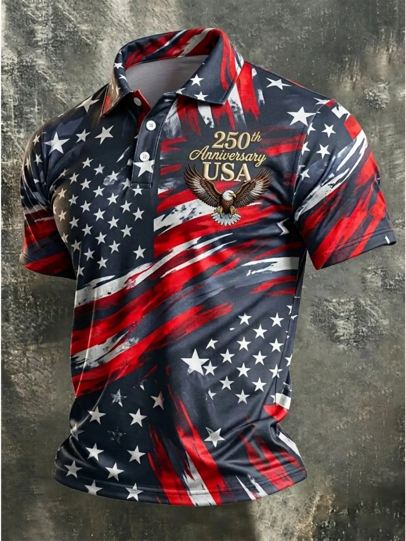 Men's Vintage Brushstroke 250th Anniversary American Polo Shirt, Independence Day Edition, Patriotic Polo Shirt, Casual Fitted All-Over Print Polo