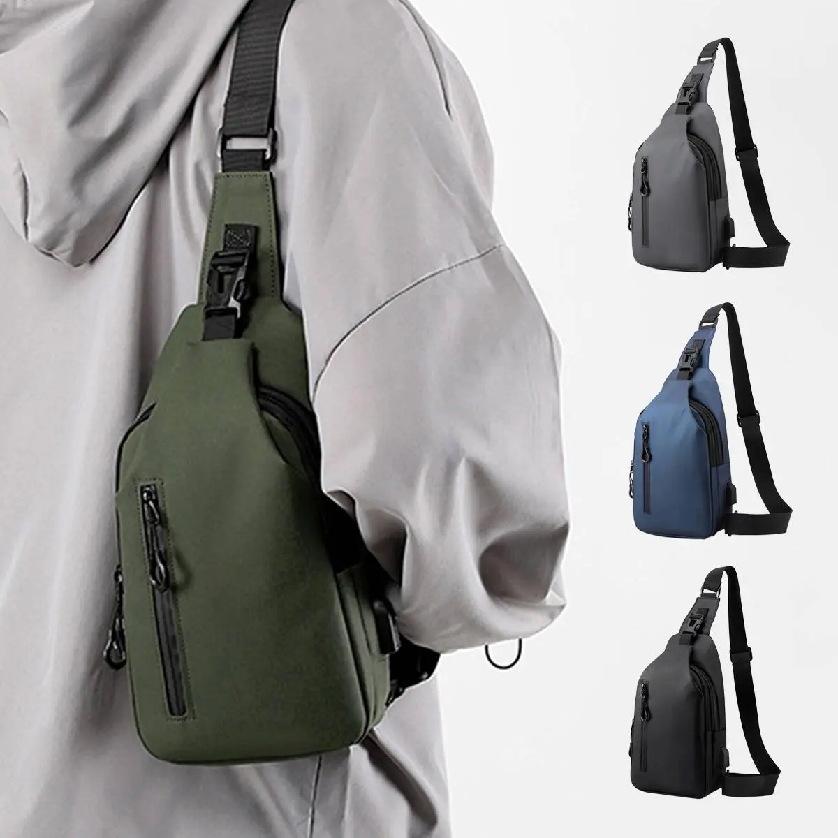 Men's Chest Bag Solid Color Sling Bag Multiple Zipper Pockets Crossbody Bags with Adjustable Strap and Headphone Cord Slot for Cycling/Outing/Hiking