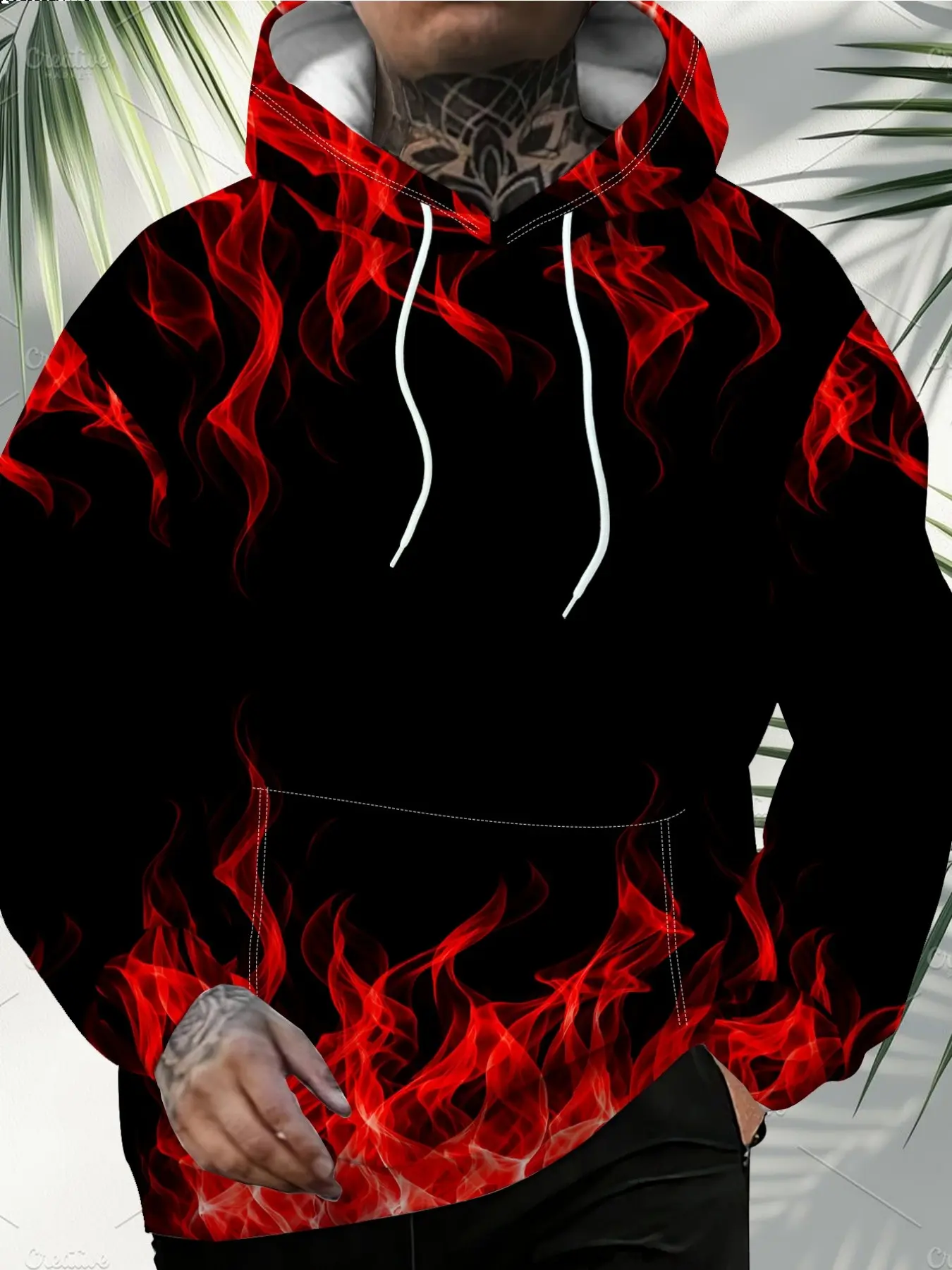 Men's Trendy Hooded Sweatshirt, Flame Print, Casual Fitted Top, Street Style, Streetwear, Kangaroo Pocket, Spring Fall Outerwear
