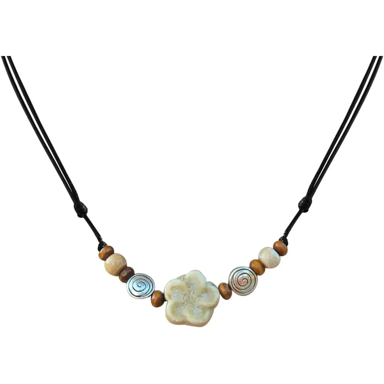 Ceramic Boho Necklace Beaded Bohemian Necklace Flower Floral Spiral Swirl Y2K Hippie Whimsical Adjustable Black Rope Cord Choker Stacking Necklace For Women