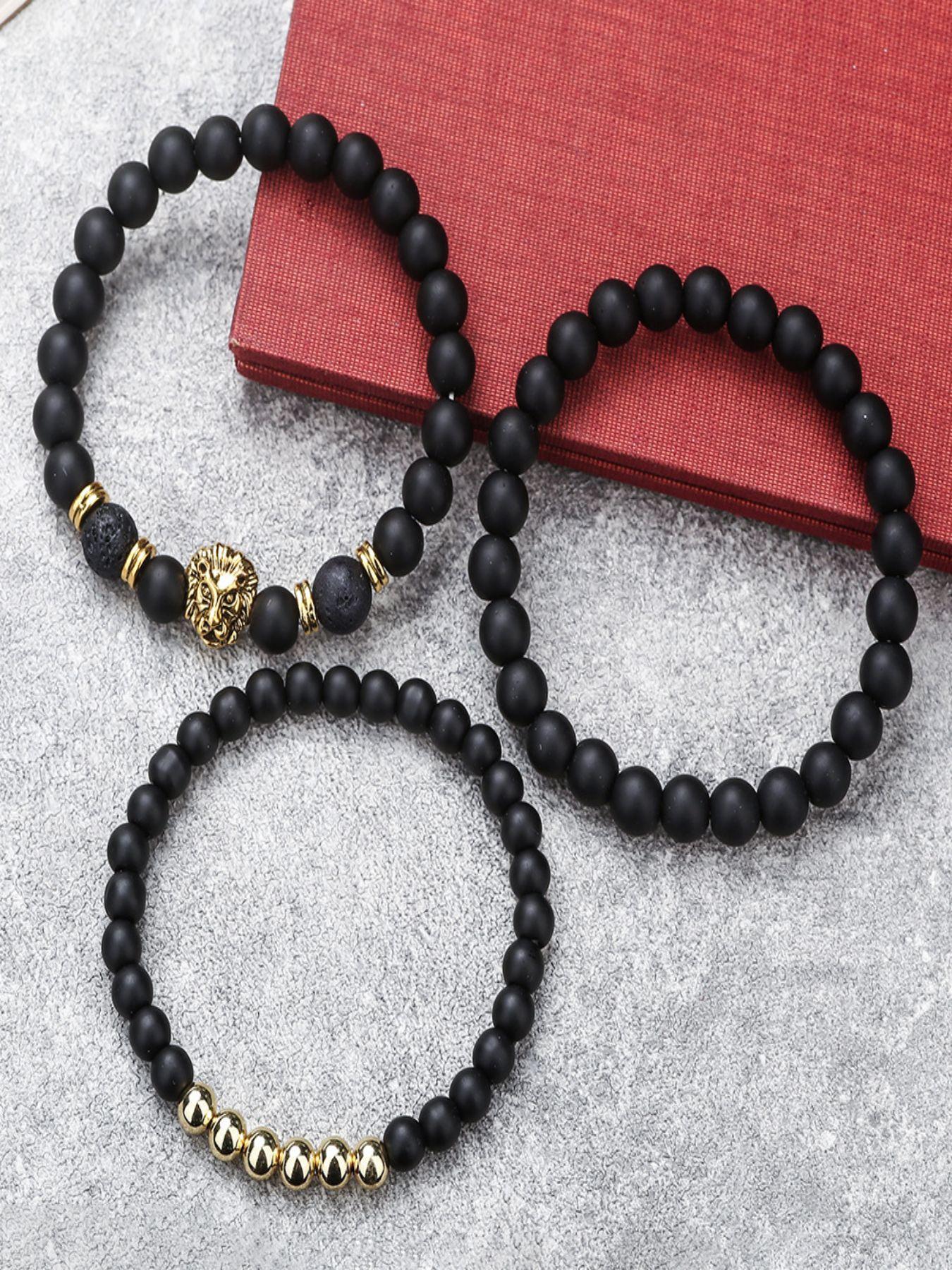 Men's Vintage Lion Head Decor Beaded Bracelets, Trendy Natural Stone Stackable Bracelets, Fashion Jewelry for Party, Daily Decor, Trendy Jewellery Accessories