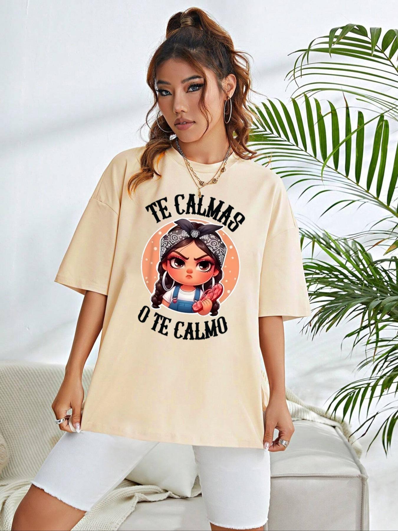 Women's Cartoon & Letter Print Round Neck Tee, Fashion Casual Short Sleeve T-shirt for Daily Wear, Ladies Summer Clothes