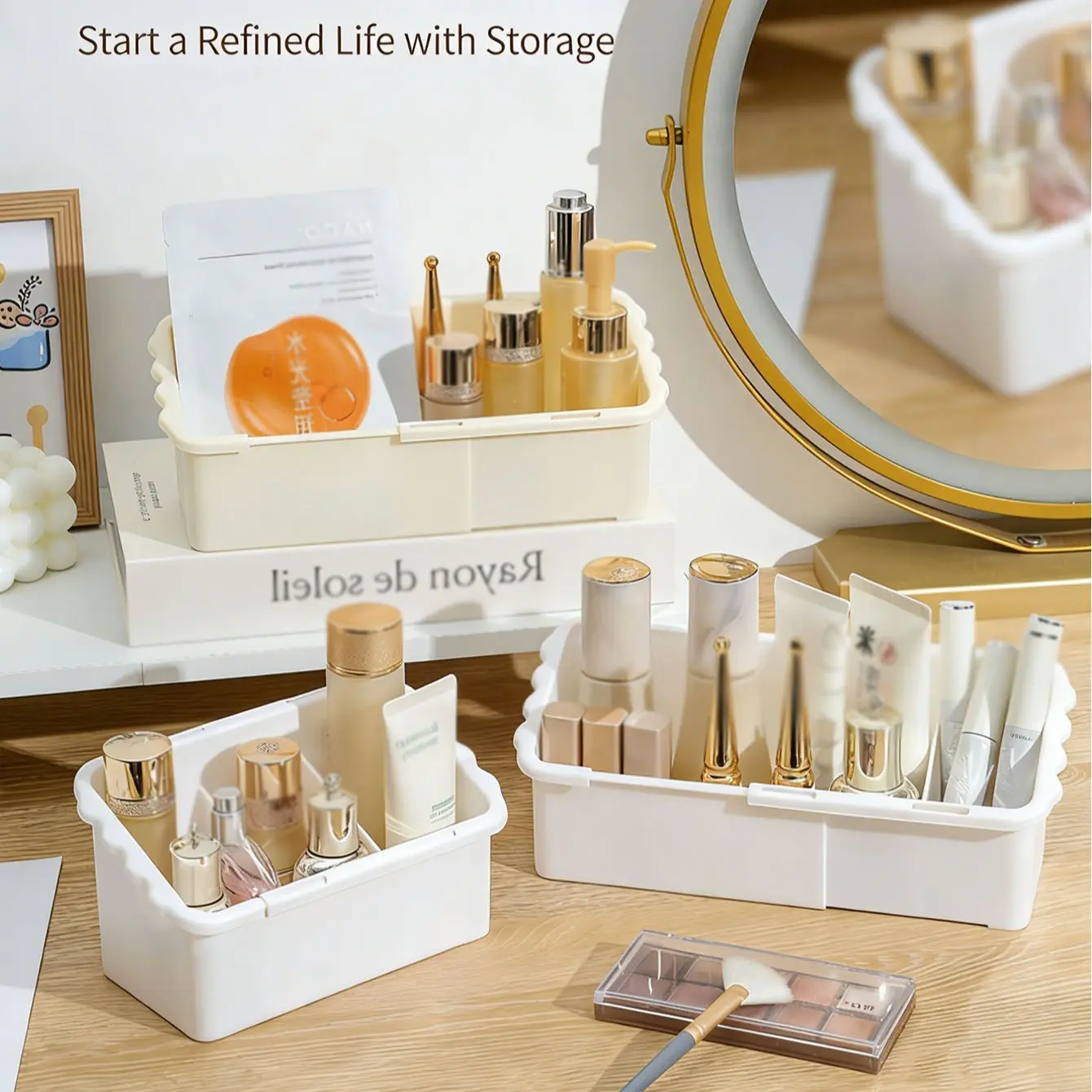 1Pc Expandable Cosmetic Storage Box, Adjustable Length 17.5-25cm Multi-Grid Makeup Organizer, Thick Odor-Free PP Skincare Container, Vanity Counter Mirror Cabinet Drawer Bathroom Organizer