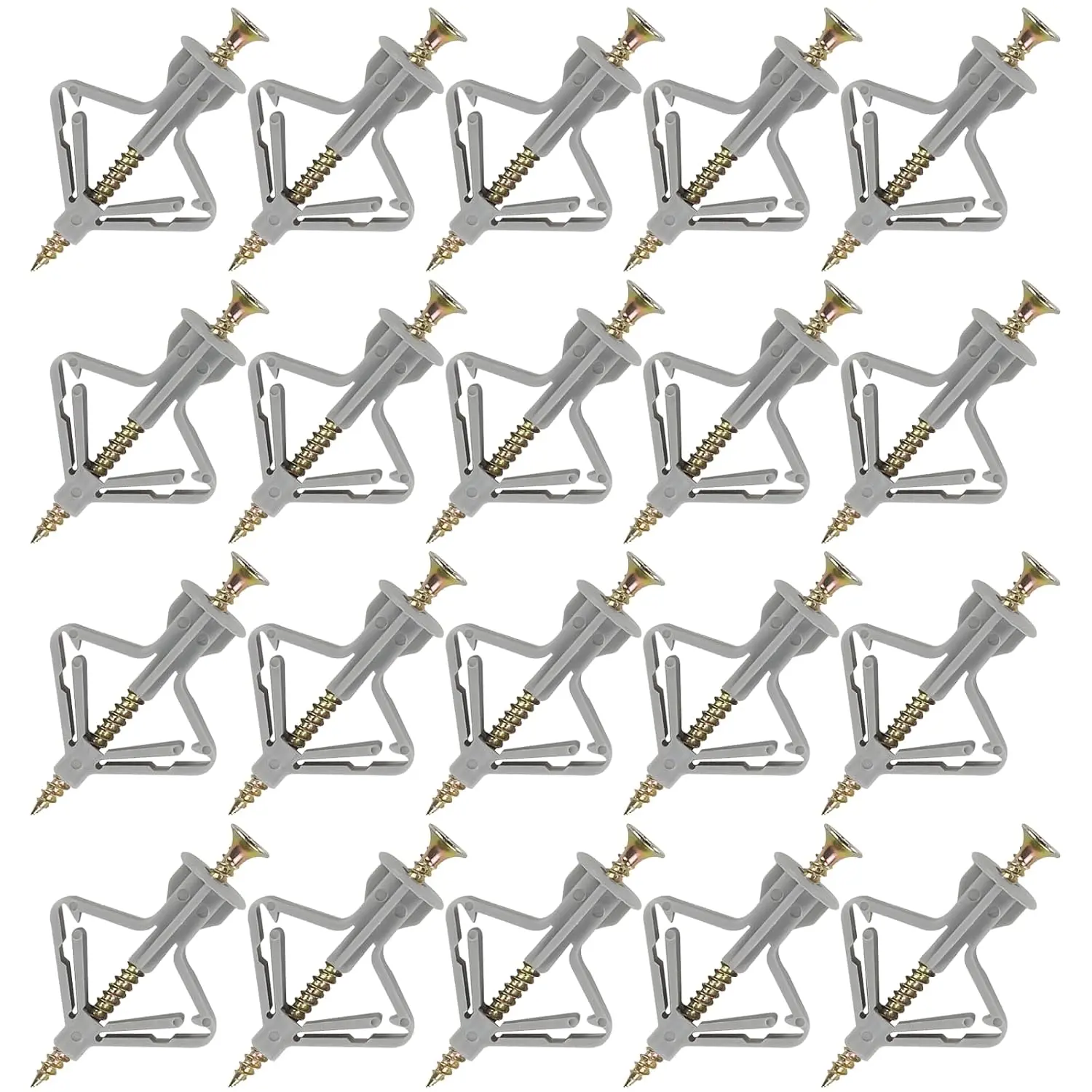 20 count Drywall Anchors with Screws, Self-Drilling Hollow Wall Anchors Butterfly Expansion Plugs, Heavy Duty Plastic Anchors kit for Curtain Plasterboard Wall Installation (Grey)