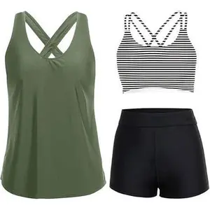 Women's 3-Piece Quick-Dry Tankini Bikini Swimsuit with Tummy Control, Includes Bra Top & Shorts, Suitable for Teens